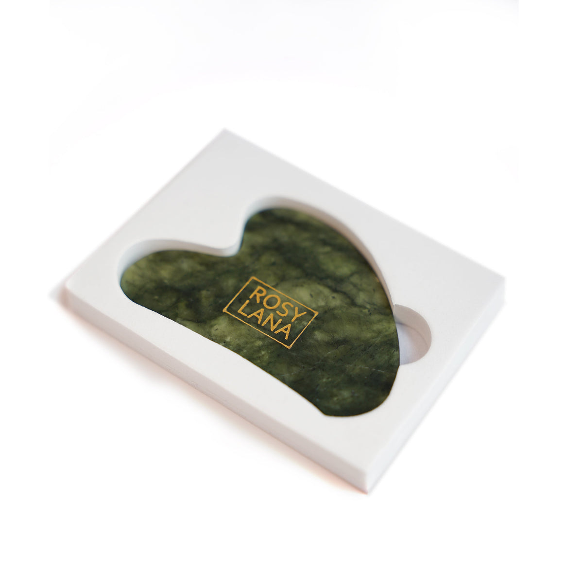 Green Jade Gua Sha facial massage tool in a stylish packaging by Rosy Lana.