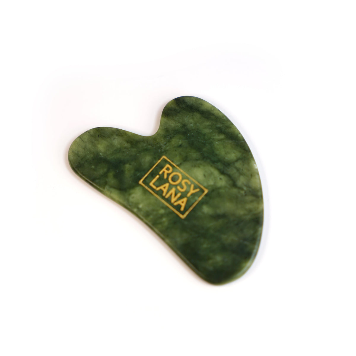 Green Jade Gua Sha facial massage tool in a heart shape with 'ROSY LANA' logo.