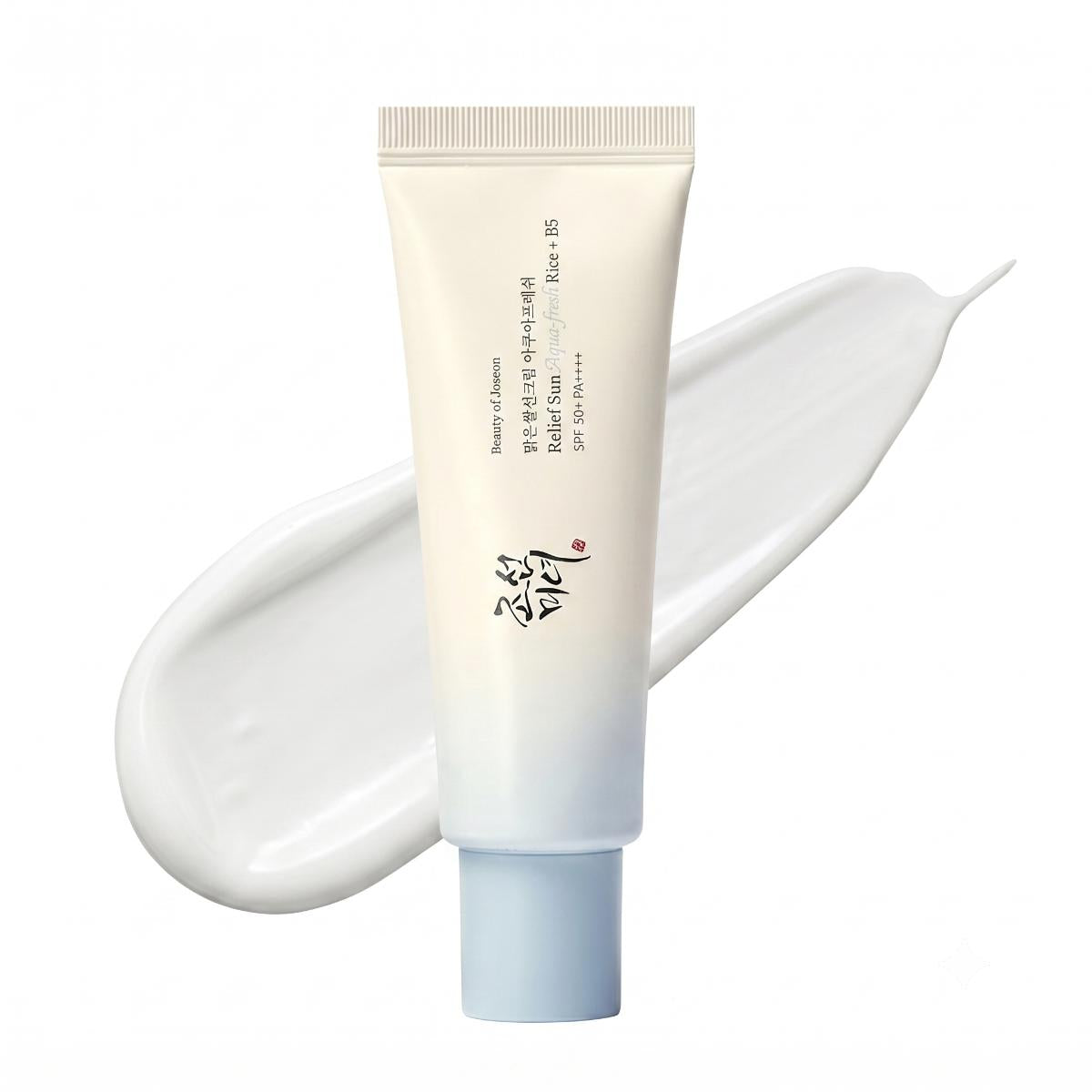 Beauty of Joseon lightweight sunscreen tube with a smooth white application on a surface.