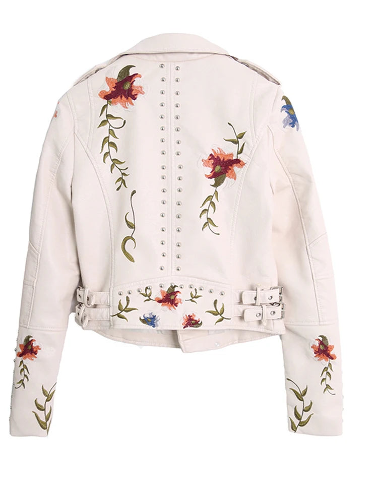 Ftlzz Women Floral Print Embroidery Faux Soft Leather Jacket Coat – Beyond Beauty