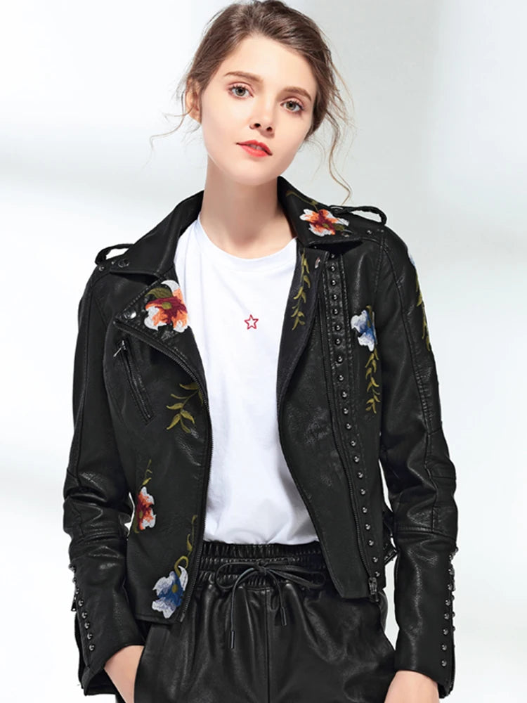 Ftlzz Women Floral Print Embroidery Faux Soft Leather Jacket Coat – Beyond Beauty