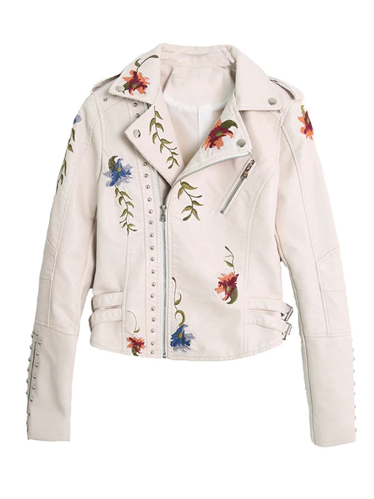 Ftlzz Women Floral Print Embroidery Faux Soft Leather Jacket Coat – Beyond Beauty