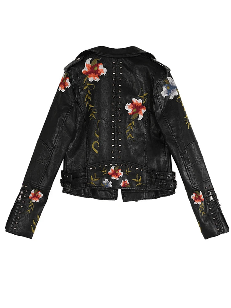 Ftlzz Women Floral Print Embroidery Faux Soft Leather Jacket Coat – Beyond Beauty