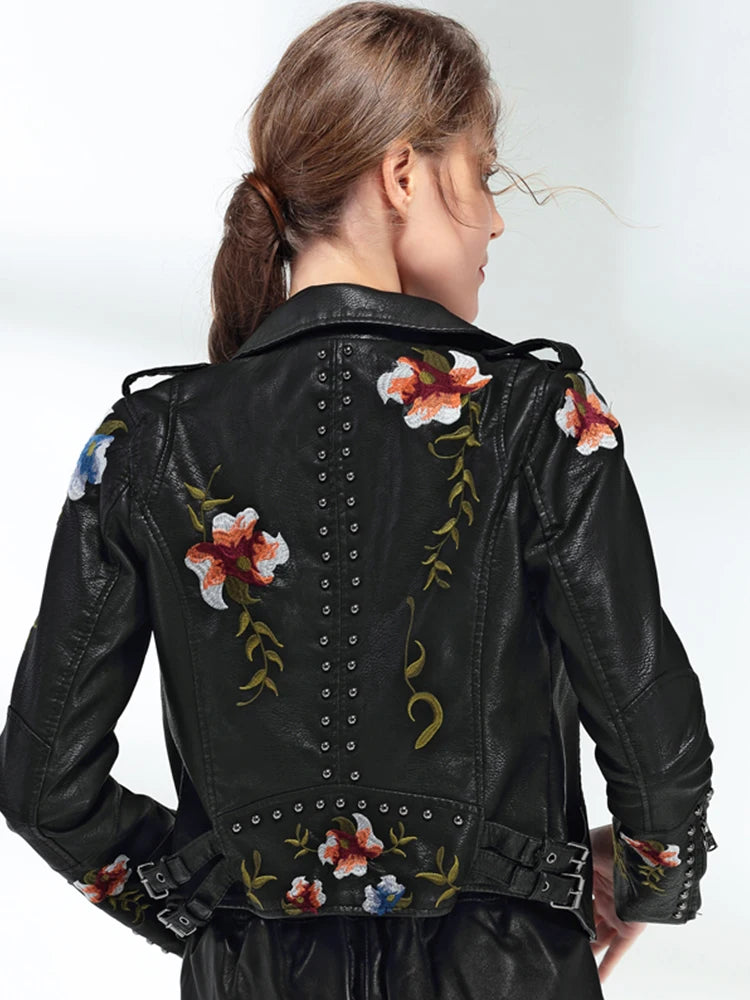 Ftlzz Women Floral Print Embroidery Faux Soft Leather Jacket Coat – Beyond Beauty