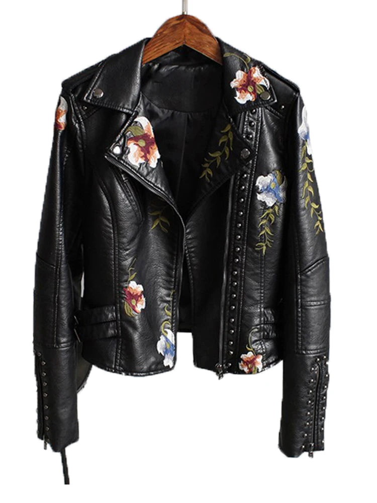 Ftlzz Women Floral Print Embroidery Faux Soft Leather Jacket Coat – Beyond Beauty
