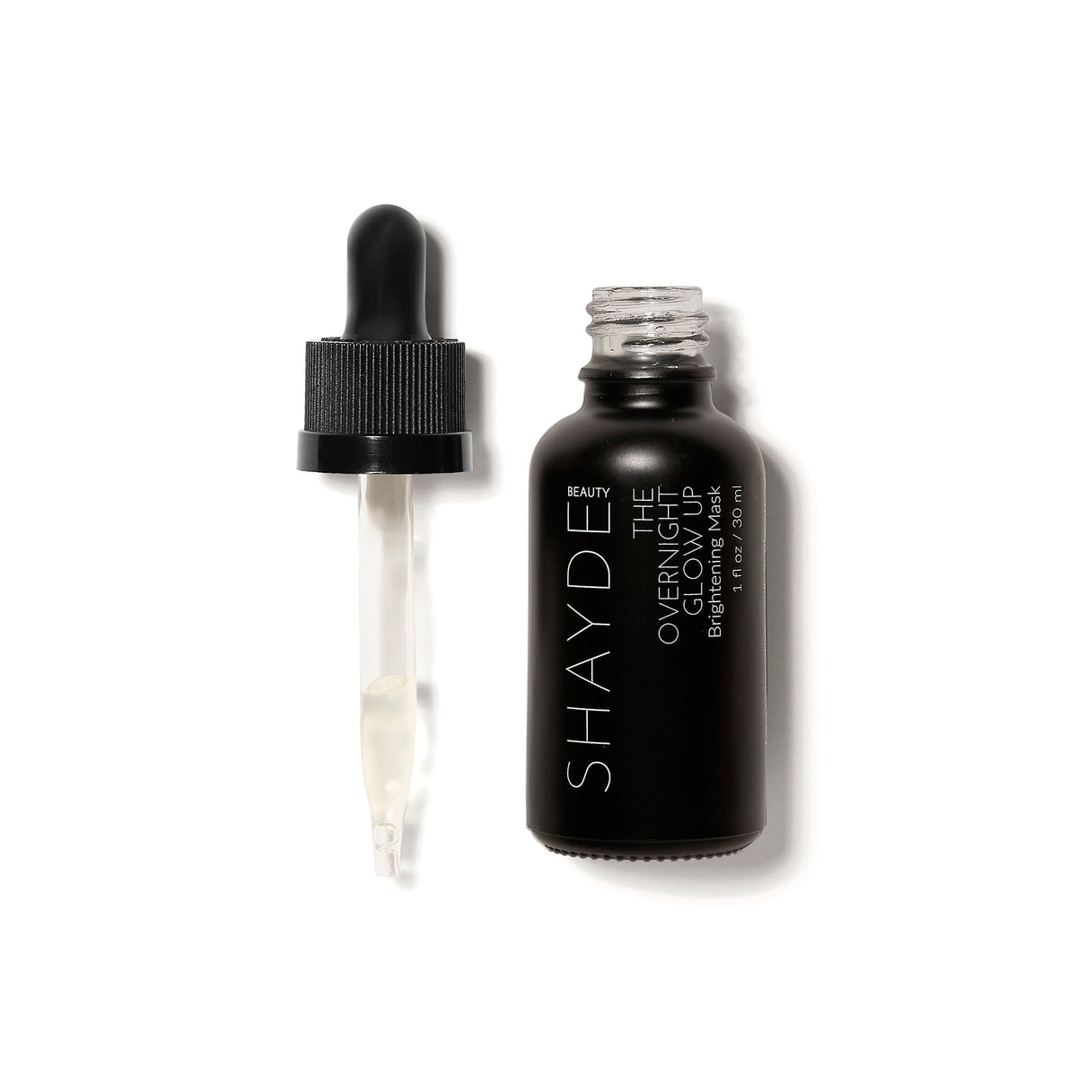 SHAYDE OVERNIGHT GLOW UP liquid mask in a dropper bottle, promoting brightened skin overnight.